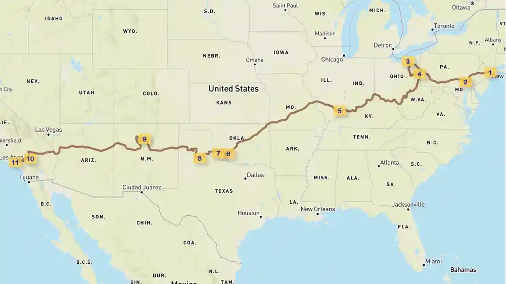 Map of the Most scenic route from NY to California